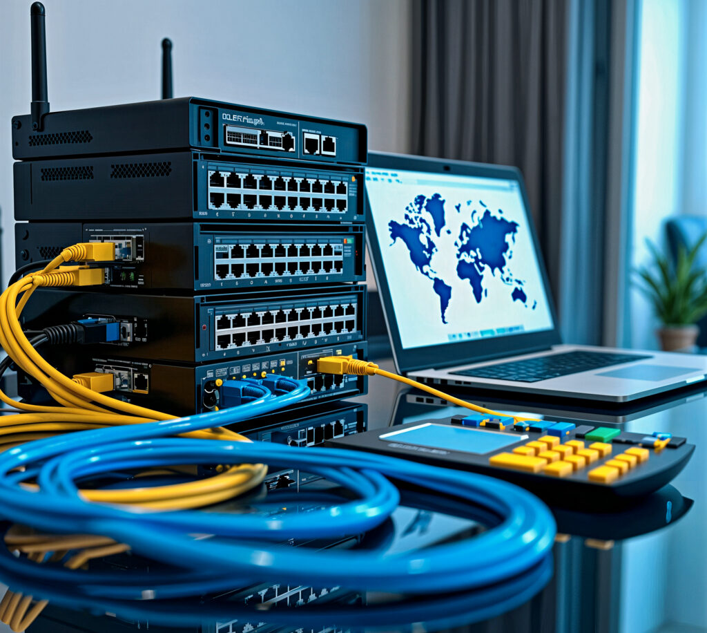 networking and fiber optic equipment in a modern workspace